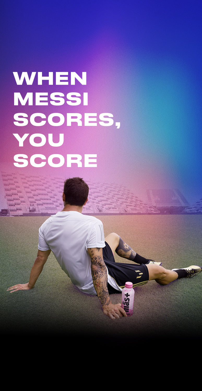 A dynamic advertisement featuring soccer legend Lionel Messi sitting on a field, promoting Más+ by Messi hydration drink. The gradient background and bold typography emphasize the message: "WHEN MESSI SCORES, YOU SCORE," reinforcing the connection between athletic excellence and the beverage.