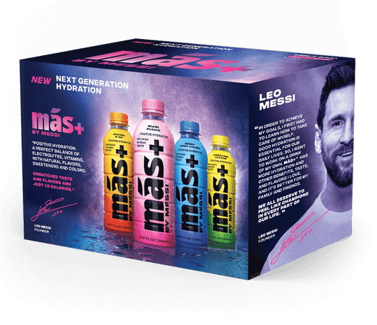 A commemorative launch pack of flavored hydrating drinks labeled Más+ by Messi.