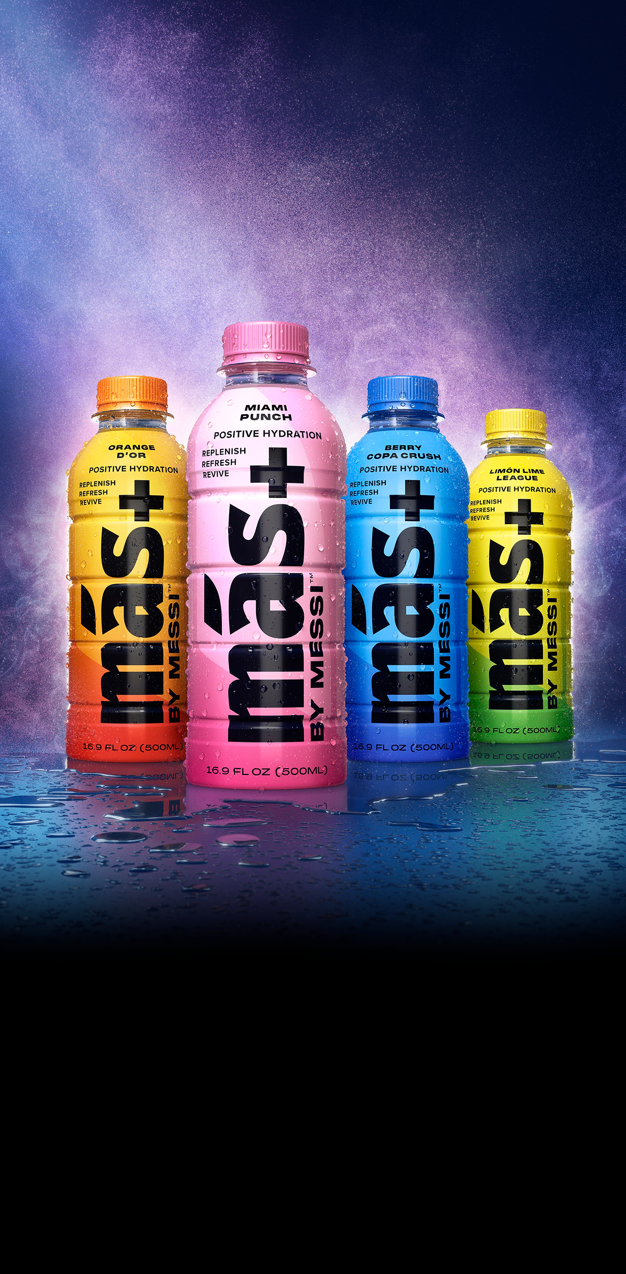 Four bottles of Más+ by Messi are lined up against a purple gradient background, with water drops at the bottom of the bottles, showcasing the flavors Orange D'Or, Miami Punch, Berry Copa Crush, and Limón Lime League.