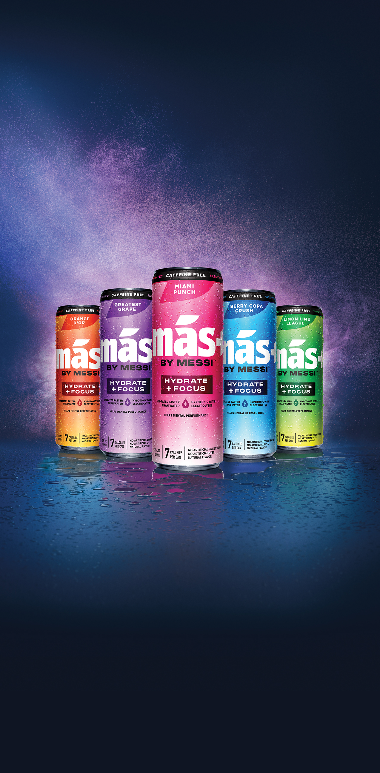 five cans of Más by Messi on a gradient background
