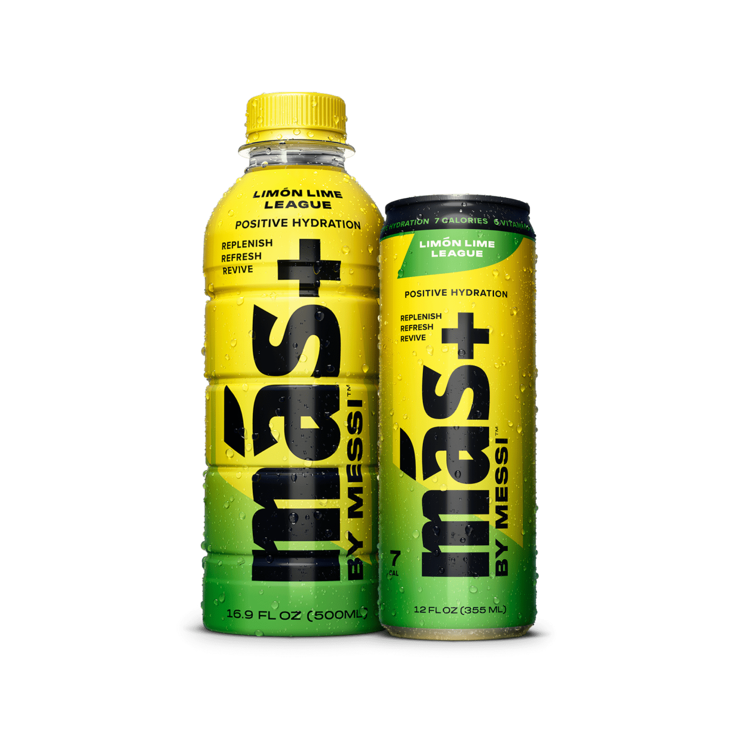 A can and bottle of Más+ by Messi hydrating drink in Limón Lime League flavour.