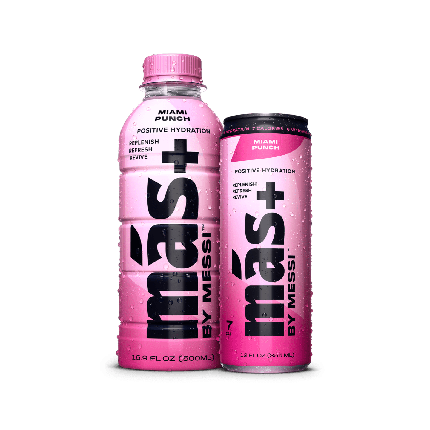 A can and plastic bottle of Más+ by Messi hydration drink, both in the Miami Punch flavour.