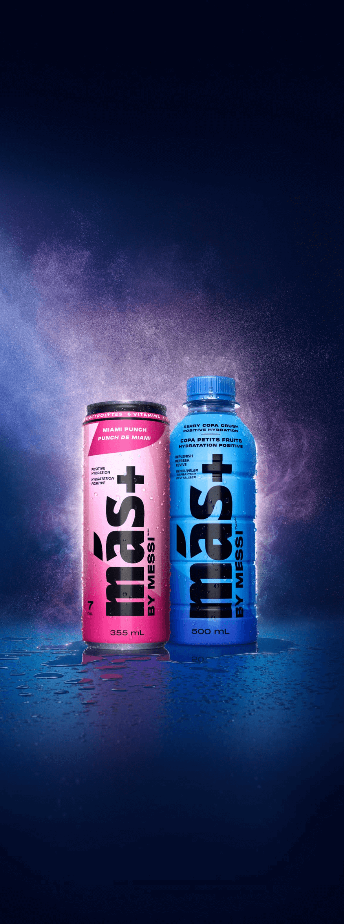 Product image featuring two Más+ by Messi beverages: a pink can on the left and a plastic bottle with the same branding on the right. The background is a blue and purple gradient