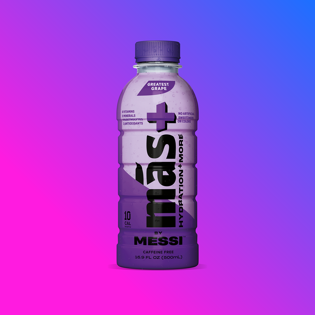 Purple bottle of Messi hydration drink on a gradient purple and pink background